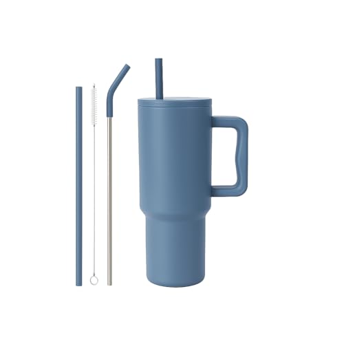 Vasukie 1200 ML Stainless Steel Tumbler with Handle and Lid,2 Straw | 100% Leakproof Travel Mug Water Cup for Gym, Office & Outdoor Use (Denim Blue) - Image 1