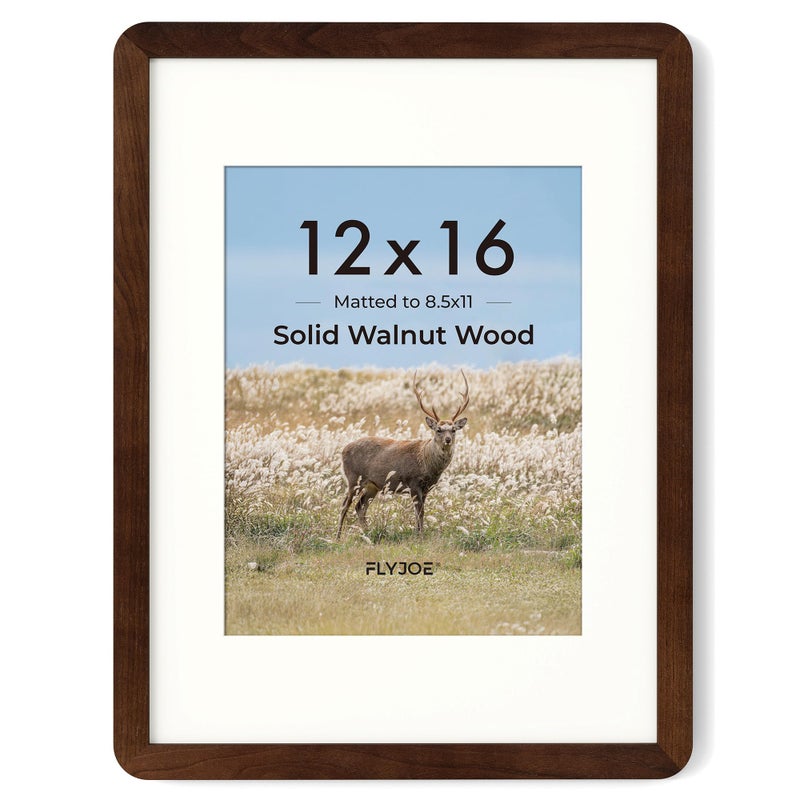 FLYJOE 12x16 Picture Frame - Solid Walnut Wood 12''x16'' Poster Frame, 12x16 Picture Frame With Mat For 8.5x11, Tempered Glass and Hanging Hardware Included, 16 By 12 Frame Wood, Natural Walnut - Image 1