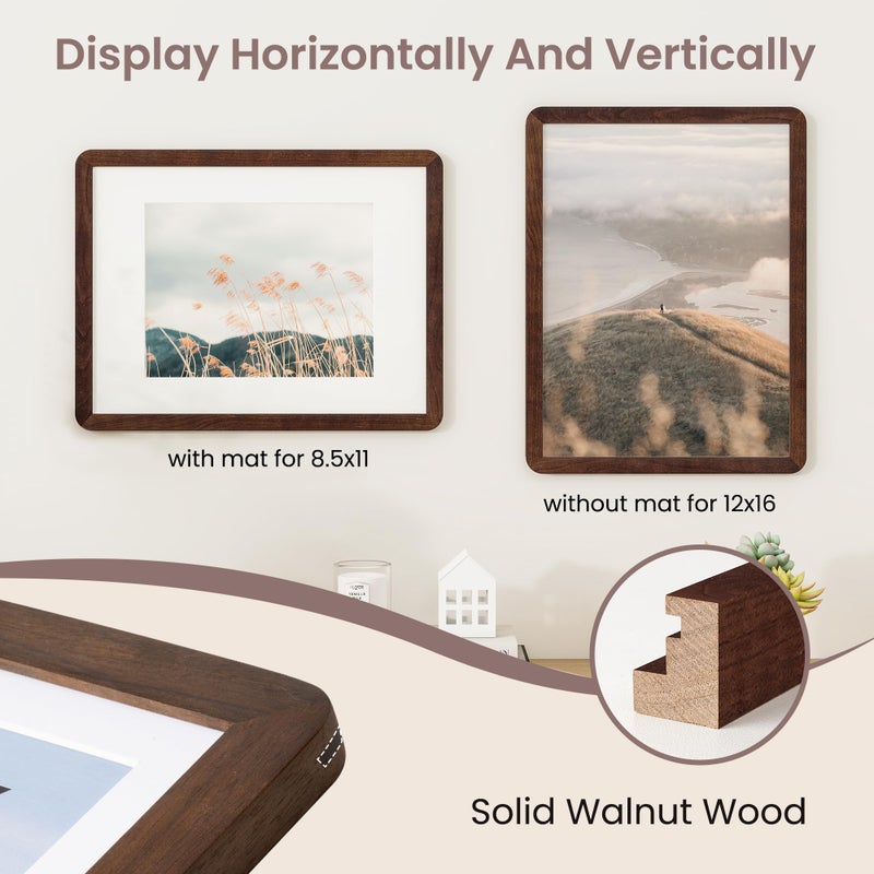 FLYJOE 12x16 Picture Frame - Solid Walnut Wood 12''x16'' Poster Frame, 12x16 Picture Frame With Mat For 8.5x11, Tempered Glass and Hanging Hardware Included, 16 By 12 Frame Wood, Natural Walnut - Image 4