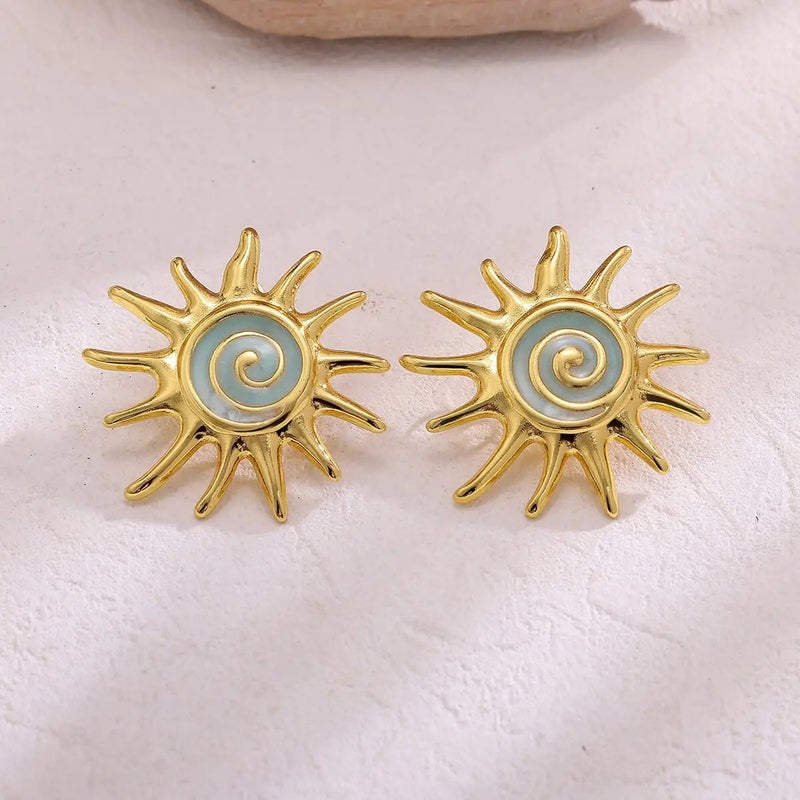 حلق إستانليس ستيل ذهبي × أزرق شكل شمس - Image 5