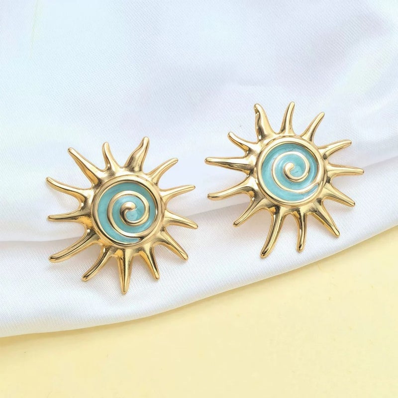 حلق إستانليس ستيل ذهبي × أزرق شكل شمس - Image 1