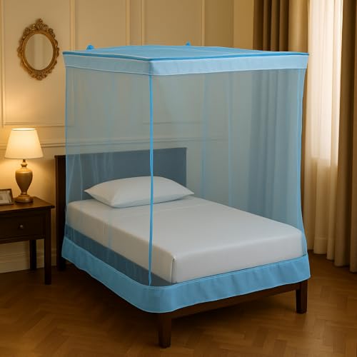 ANS Cotton Mix Mosquito Net for Single Bed 3.5 x 6.5 ft, 5ft Height, Blue Color, Pure Cotton Border Top & Bottom, Breathable & Allergy-Free, Washable & Durable Net for Daily Use - Image 1