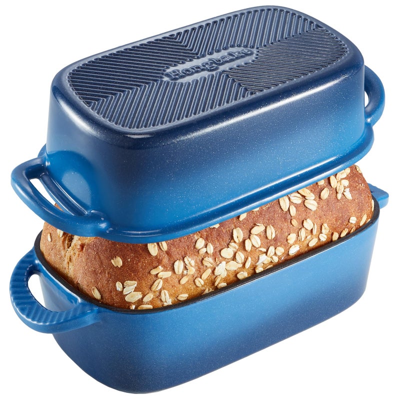 HONGBAKE Everline Collection 2 in 1 Enameled Cast Iron Loaf Pan with Lid, 9x5 Bread Pans for Baking Homemade Sourdough, Nonstick Large Banana Baking Tins, Even Heating Bread Dutch Oven, Blue - Image 1