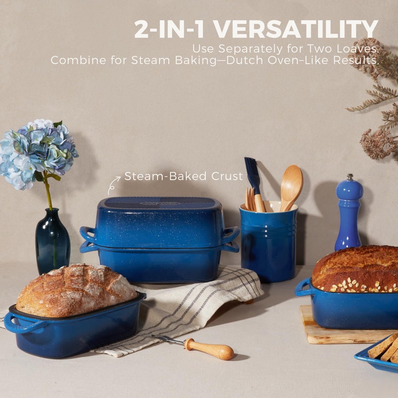 HONGBAKE Everline Collection 2 in 1 Enameled Cast Iron Loaf Pan with Lid, 9x5 Bread Pans for Baking Homemade Sourdough, Nonstick Large Banana Baking Tins, Even Heating Bread Dutch Oven, Blue - Image 5