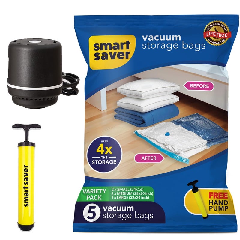 Smart Saver Polypropylene Vacuum Compression Bags|Vacuum Storage Bags|Vacuum Bags For Travel|Space Saver Vacuum Bags(Standard(2-S,2-M,1-L,)+ Electric&Manual Pump),White - Image 1