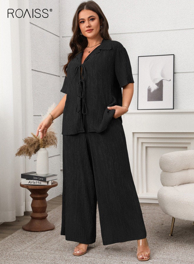 رويس طقم نسائي مكون من قطعتين كاجوال، مكون من بلوزة قصيرة الأكمام، وبنطلون محبوك، وربطة عنق على شكل حرف V، وقميص فضفاض بياقة دائرية، ومجموعة متناسقة، وملابس سوداء مناسبة للتنقل، ومجموعة ملابس مريحة - Image 1