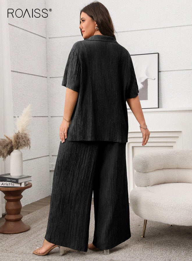رويس طقم نسائي مكون من قطعتين كاجوال، مكون من بلوزة قصيرة الأكمام، وبنطلون محبوك، وربطة عنق على شكل حرف V، وقميص فضفاض بياقة دائرية، ومجموعة متناسقة، وملابس سوداء مناسبة للتنقل، ومجموعة ملابس مريحة - Image 2