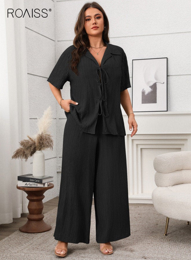 رويس طقم نسائي مكون من قطعتين كاجوال، مكون من بلوزة قصيرة الأكمام، وبنطلون محبوك، وربطة عنق على شكل حرف V، وقميص فضفاض بياقة دائرية، ومجموعة متناسقة، وملابس سوداء مناسبة للتنقل، ومجموعة ملابس مريحة - Image 3