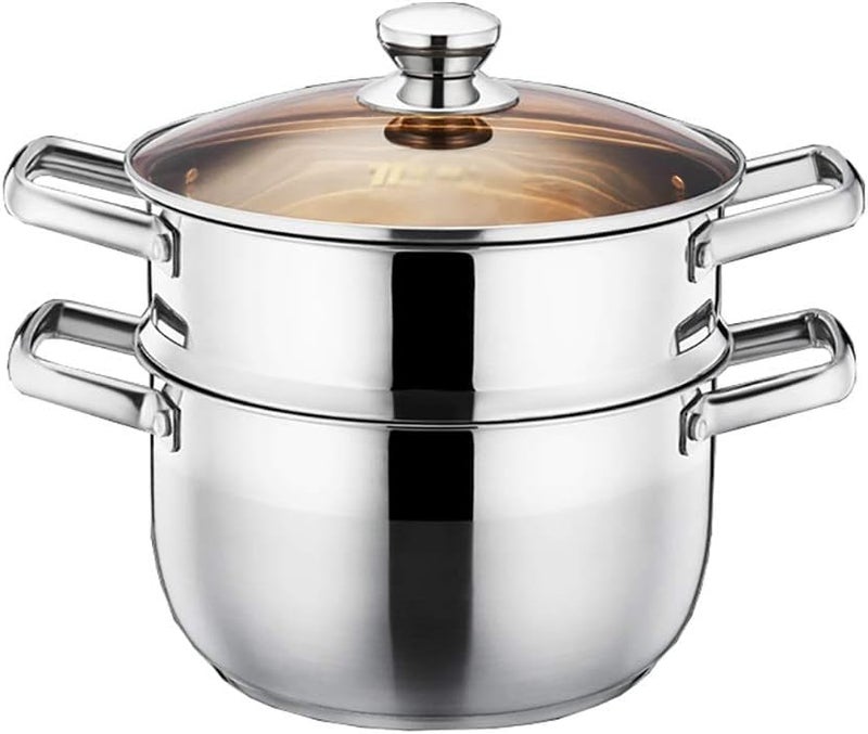 JILMAJ Stainless Steel 2 Tier Induction Bottom Steamer MomoModak Maker with Glass Lid Riveted Handles Idli Dhokla Cooker Soup PotVegetable SteamerRice SteamerPasta Steamer - Image 1