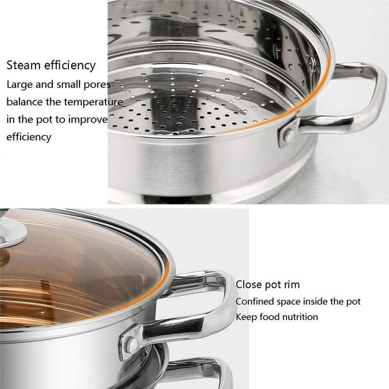 JILMAJ Stainless Steel 2 Tier Induction Bottom Steamer MomoModak Maker with Glass Lid Riveted Handles Idli Dhokla Cooker Soup PotVegetable SteamerRice SteamerPasta Steamer - Image 4