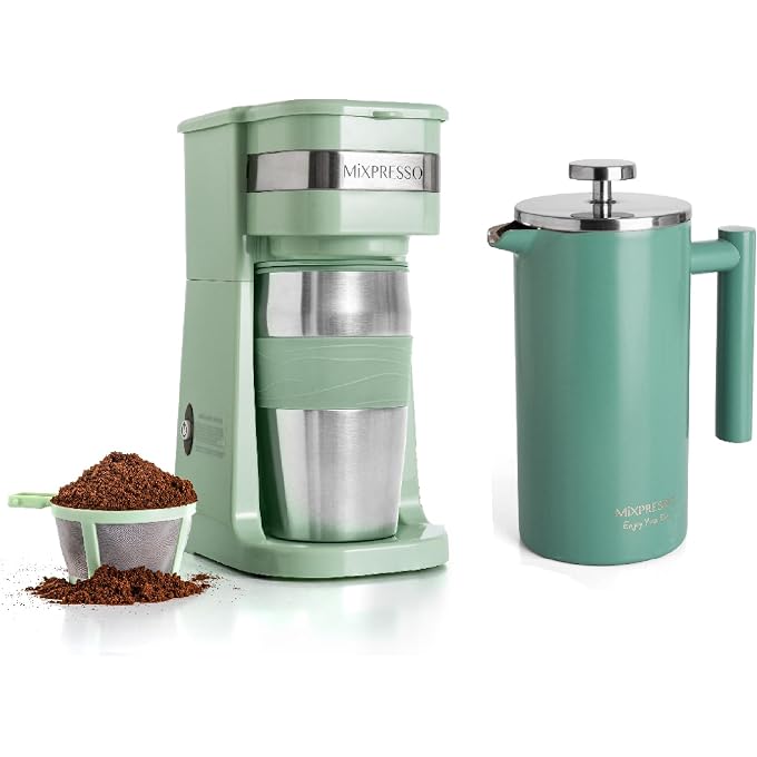 Mixpresso Personal Single Serve Coffee Maker & 14oz Travel Mug, Drip Coffee Brewer & Tumbler, Auto Shut Off & Reusable Filter, Green Coffee Maker Compatible with Coffee Grounds Bundle With Stainless S - Image 1