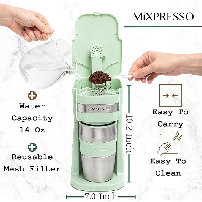 Mixpresso Personal Single Serve Coffee Maker & 14oz Travel Mug, Drip Coffee Brewer & Tumbler, Auto Shut Off & Reusable Filter, Green Coffee Maker Compatible with Coffee Grounds Bundle With Stainless S - Image 3