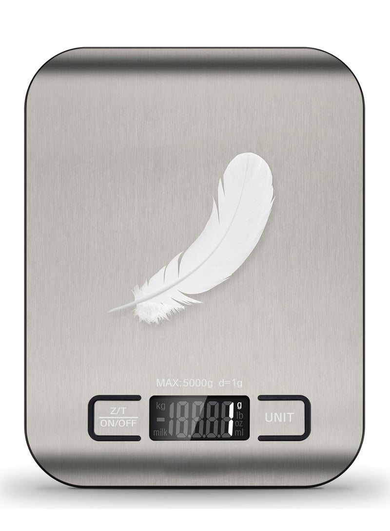 Rechargeable Digital Kitchen Food Scale 5kg with LCD Display, USB Charging Weight Scale with Tare Function, 304 Stainless Steel Precision Scale for Baking, Cooking and Meal Preparation - Image 1