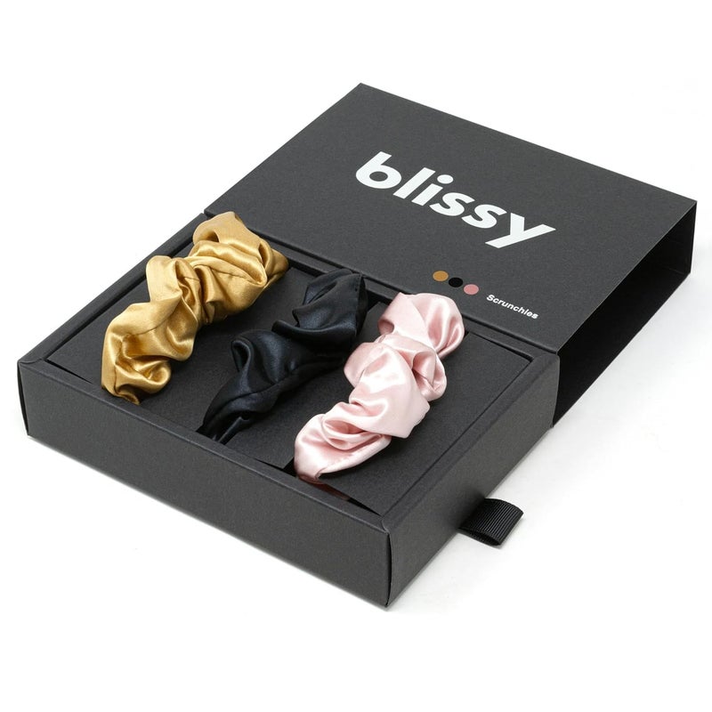 Blissy Silk Scrunchies (3 Pack) - 100% Pure Mulberry Silk - 22 Momme 6A High-Grade Fibers Scrunchie for Straight & Curly Hair (Black/Gold/Pink, Skinny) - Image 1