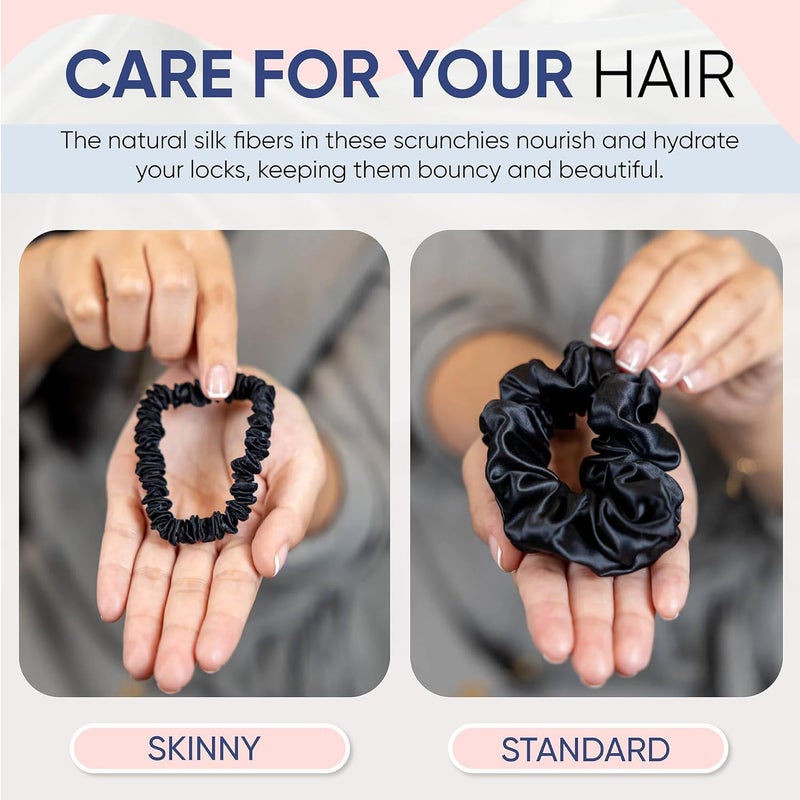 Blissy Silk Scrunchies (3 Pack) - 100% Pure Mulberry Silk - 22 Momme 6A High-Grade Fibers Scrunchie for Straight & Curly Hair (Black/Gold/Pink, Skinny) - Image 2
