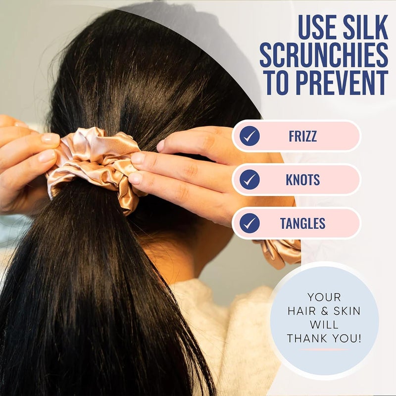 Blissy Silk Scrunchies (3 Pack) - 100% Pure Mulberry Silk - 22 Momme 6A High-Grade Fibers Scrunchie for Straight & Curly Hair (Black/Gold/Pink, Skinny) - Image 3