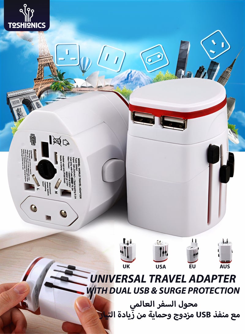 توشيونيكس محول سفر دولي شامل مع منفذي USB مزدوجين، شاحن بمقبس متوافق عالميًا مع حماية من زيادة التيار، محول طاقة متعدد البلدان لأوروبا والمملكة المتحدة والولايات المتحدة وآسيا وأستراليا - Image 1