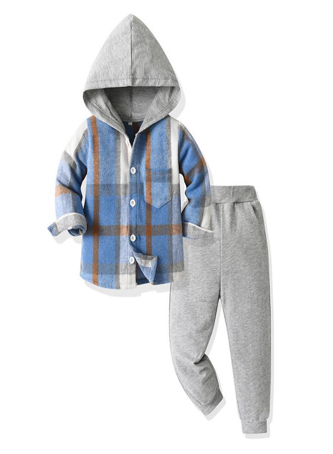 تايك تو طقم قميص بغطاء رأس وشورت رياضي للأولاد باللون الأزرق المخطط - Image 1