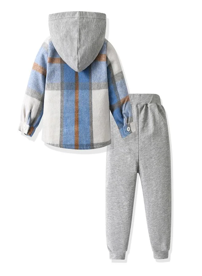 تايك تو Take Two Boys Blue Checked Hooded Shirt and Jogger Set