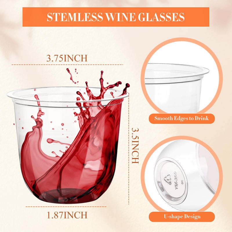 KesaPlan 50 Pcs Disposable Stemless Glasses 12oz Crystal Plastic Wine Glasses Clear Classic Cup for Meeting Weddings Birthdays Cocktail Christmas Party Supplies - Image 3