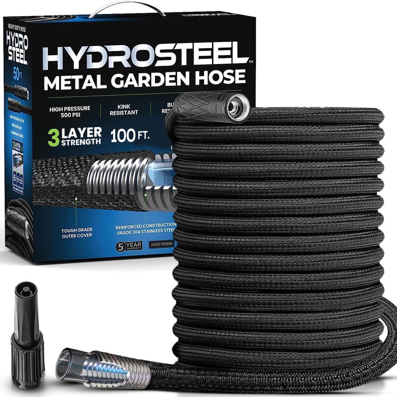 Emson HYDROSTEEL Metal Garden Hose 100 Ft with Nozzle, Water Hose 100Ft, Heavy Duty 3x Layer Stainless Steel Flexible 100 Ft Garden Hose, Lightweight, Easy to Coil, Kink Resistant, 500 PSI AS SEEN ON TV - Image 1