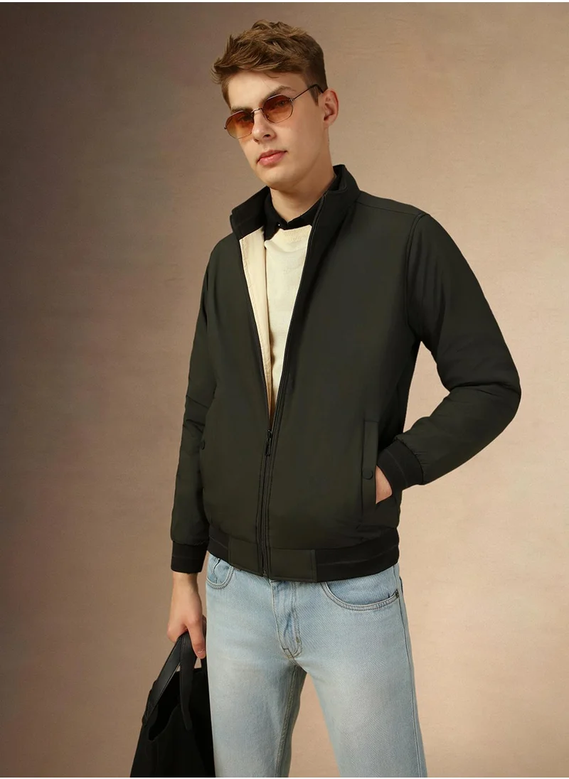 Dennis Lingo Men's Olive 100% Polyester Solid Regular Fit Jacket