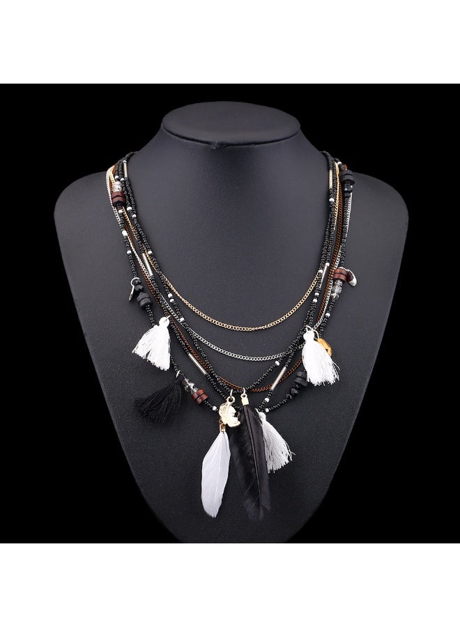 NIBEMINENT Exaggerated Tribal Luxury Beaded Feather Necklace