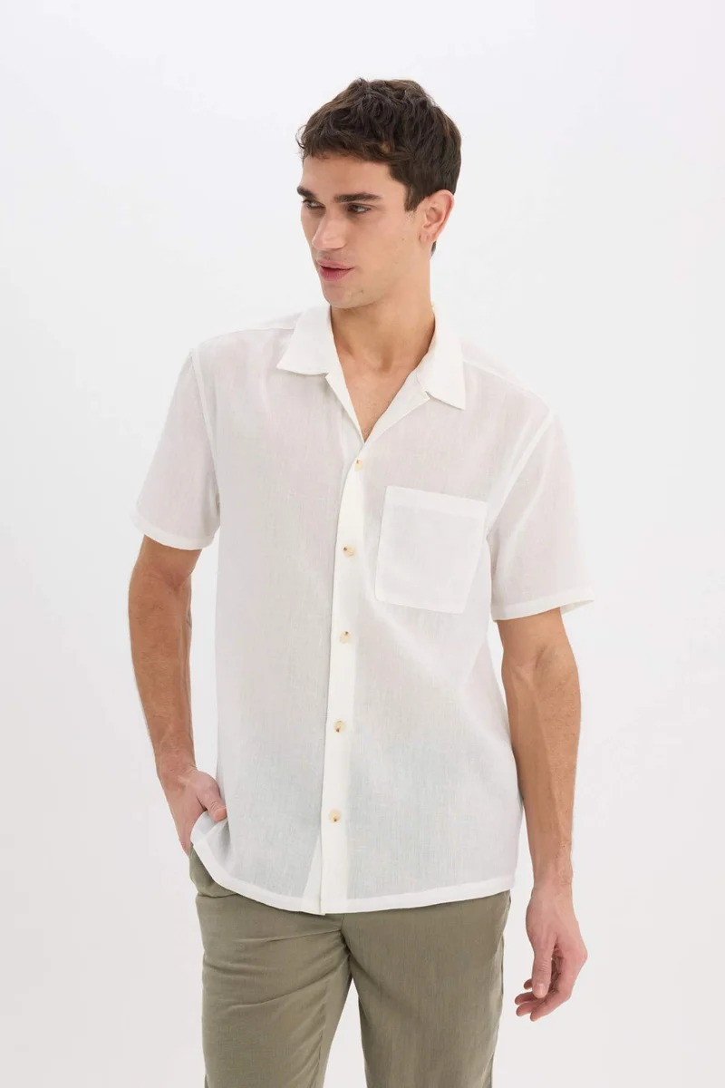 Defacto  Relax Fit Polo Neck Linen Look Summer White Shirt for Men | Best Price UAE