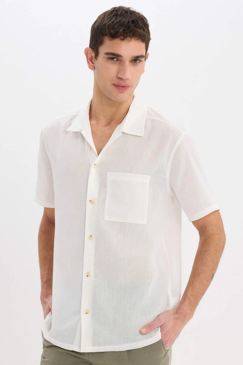 ديفاكتو Relax Fit Polo Neck Linen Look Summer White Shirt