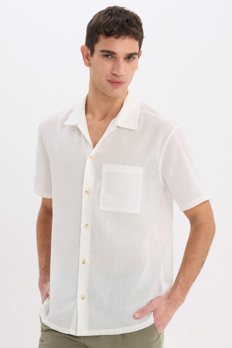 DeFacto Relax Fit Polo Neck Linen Look Summer White Shirt - Image 1