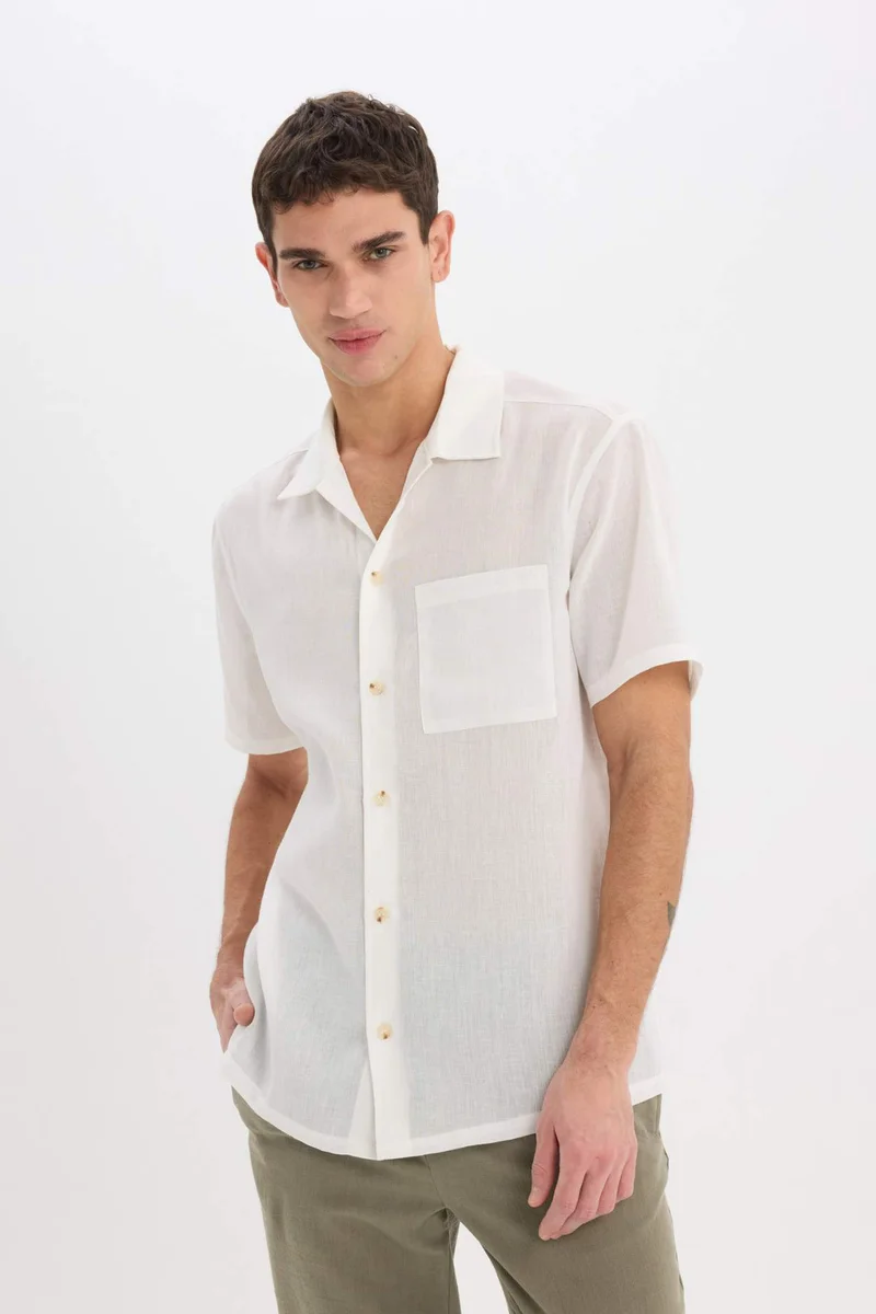Defacto  Relax Fit Polo Neck Linen Look Summer White Shirt for Men | Best Price UAE