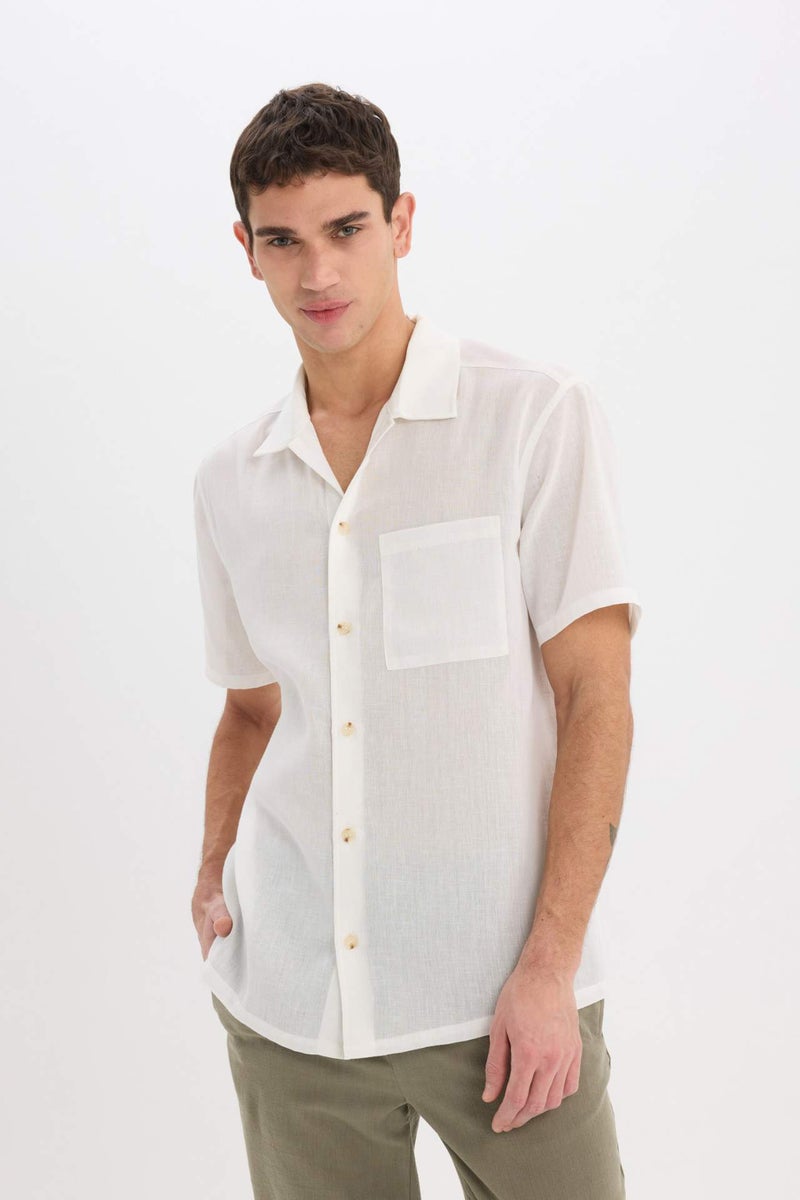 DeFacto Relax Fit Polo Neck Linen Look Summer White Shirt - Image 4