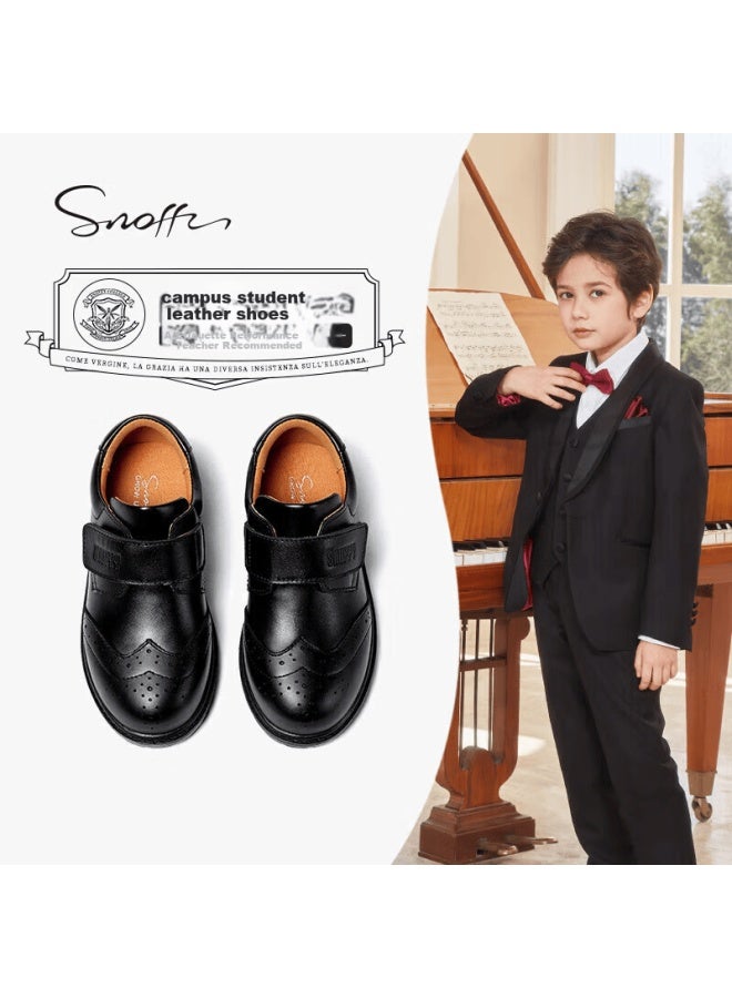 Snoffy Boys' Leather Shoes Spring And Autumn First Layer Cowhide Children's School Performance Black Leather Shoes Large Kids Single Shoes Black Size 31 - Image 1