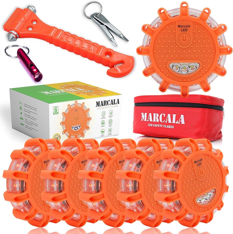 Marcala 6‑Pack LED Road Flares | DOT Compliant Emergency Lights for Vehicles with Batteries, Whistle & Case | Flares Emergency Road | Emergency Flares | Perfect For Gifting or Everyday Roadside Safety - Image 1
