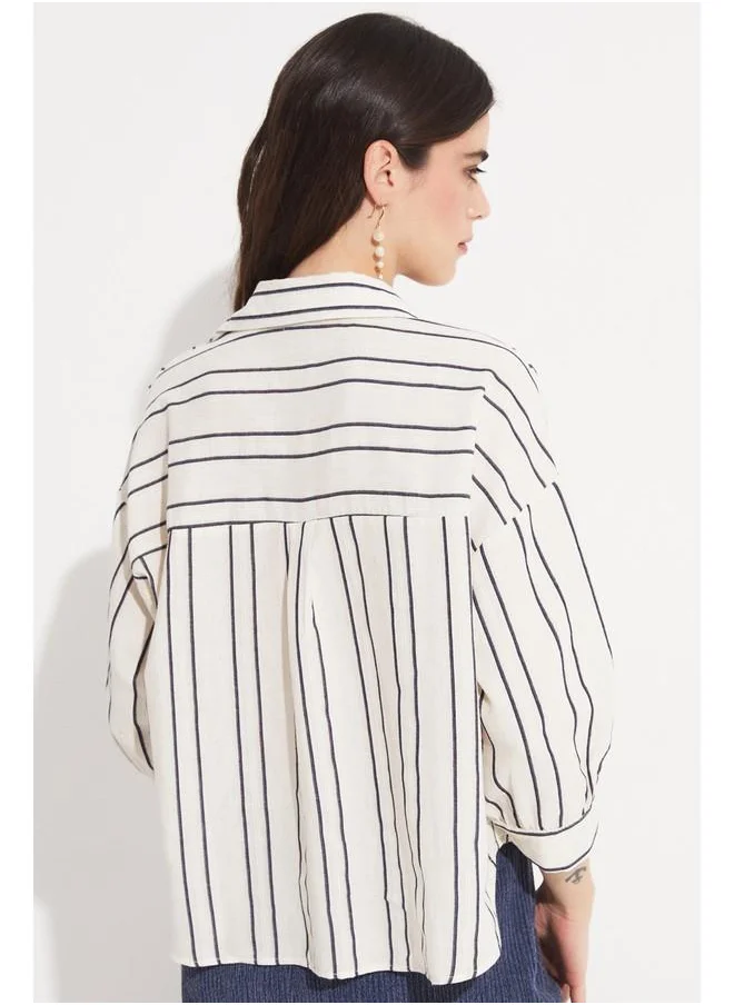 جون June Women Viscose Blend Striped Shirt Navy