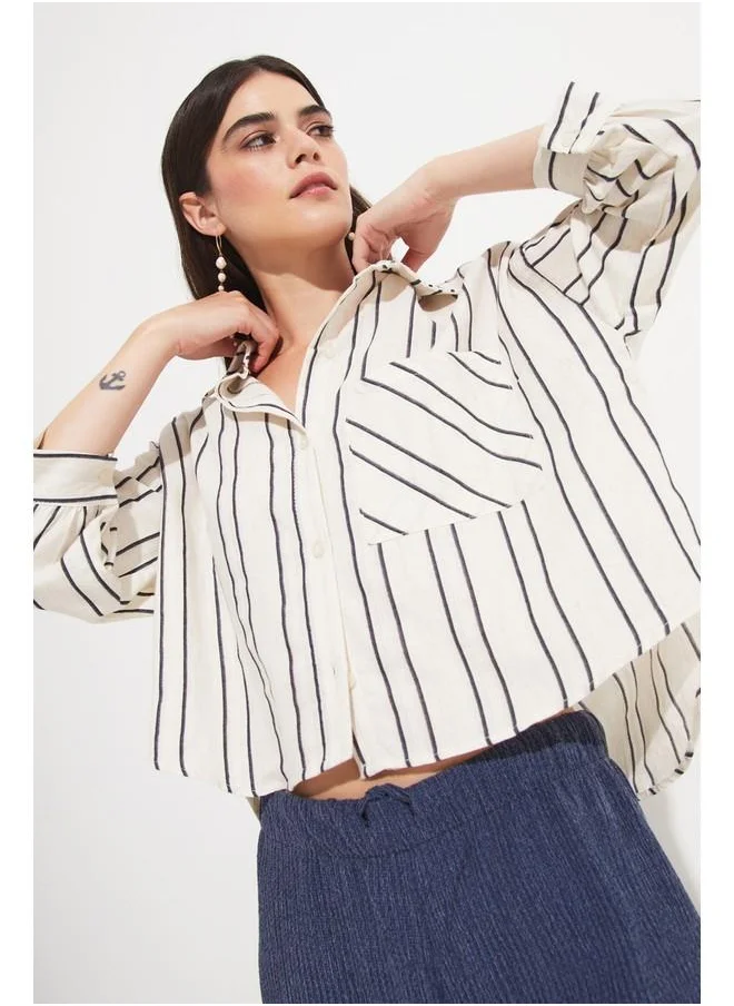 جون June Women Viscose Blend Striped Shirt Navy