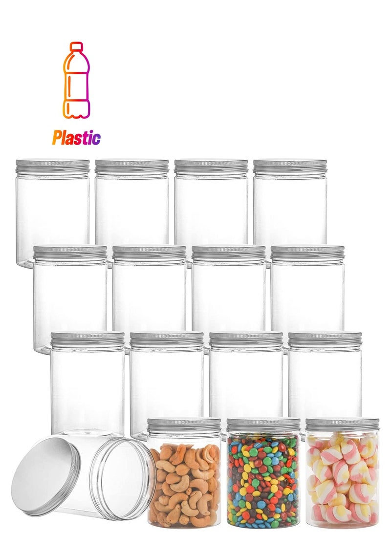 16 Pack Clear Plastic Jars Bottles Containers with Silver Ribbed Lids 400ml Straight Cylinders Storage Container for Food and Home Storage  - Image 1