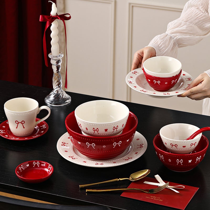 Bow Tie Bowl And Dish Set, High-Value Plates, Red Housewarming Tableware, Bowls And Plates, Household Ceramic Rice Bowls - Image 5