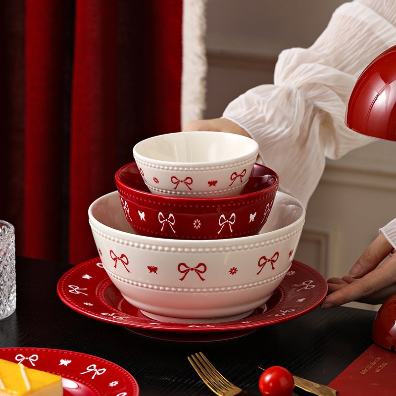 Bow Tie Bowl And Dish Set, High-Value Plates, Red Housewarming Tableware, Bowls And Plates, Household Ceramic Rice Bowls - Image 2