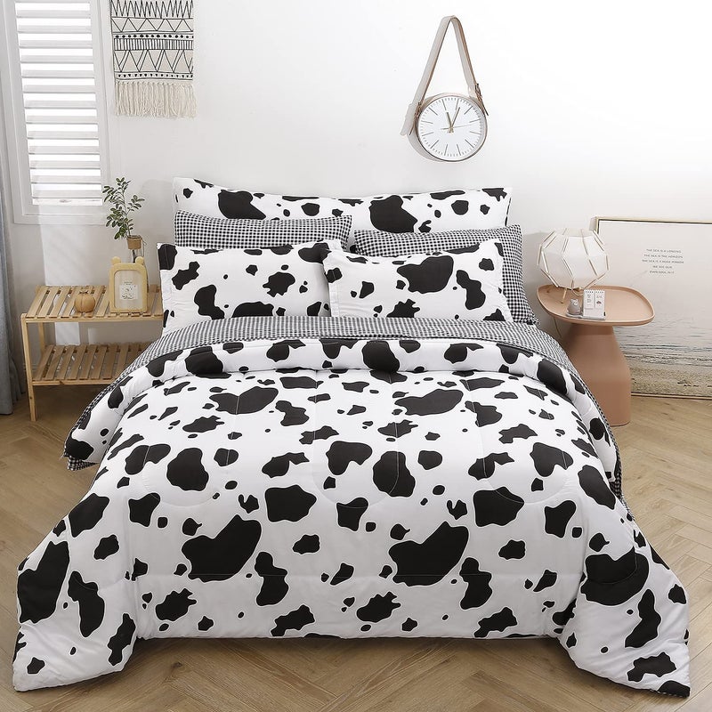 SUCSES Cow Print Full Size Comforter Sets 8 Pieces Bed in A Bag Comforter Set with Sheets Black and White Bedding Set for Kids Teens Boys Girls Animal Print Cute Kid Full Size Bedding