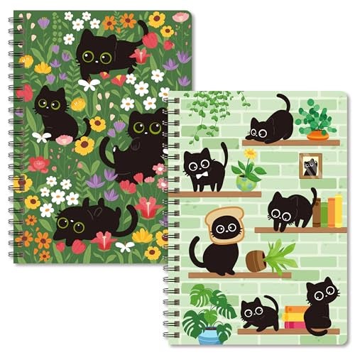 B1ykin A5 Spiral Notebooks, 2Pcs 50 Sheets 100 Pages Cute Wire Bound Travel Journal Spiral Notebook， Writing Notepads Memo Diary Notes Travel Journal Notebooks for Kids Teens Students Adults (Black Cat Floral) - Image 1