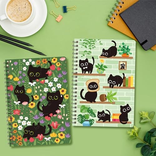 B1ykin A5 Spiral Notebooks, 2Pcs 50 Sheets 100 Pages Cute Wire Bound Travel Journal Spiral Notebook， Writing Notepads Memo Diary Notes Travel Journal Notebooks for Kids Teens Students Adults (Black Cat Floral) - Image 4