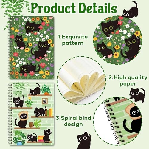 B1ykin A5 Spiral Notebooks, 2Pcs 50 Sheets 100 Pages Cute Wire Bound Travel Journal Spiral Notebook， Writing Notepads Memo Diary Notes Travel Journal Notebooks for Kids Teens Students Adults (Black Cat Floral) - Image 3
