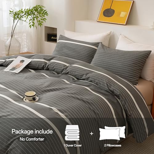 ECOCOTT 3 Pieces Duvet Cover Set King 100% Washed Cotton 1 Duvet Cover with Zipper and 2 Pillowcases, Ultra Soft and Easy Care Breathable Cozy Simple Style Bedding Set(Grey Stripes) - Image 2