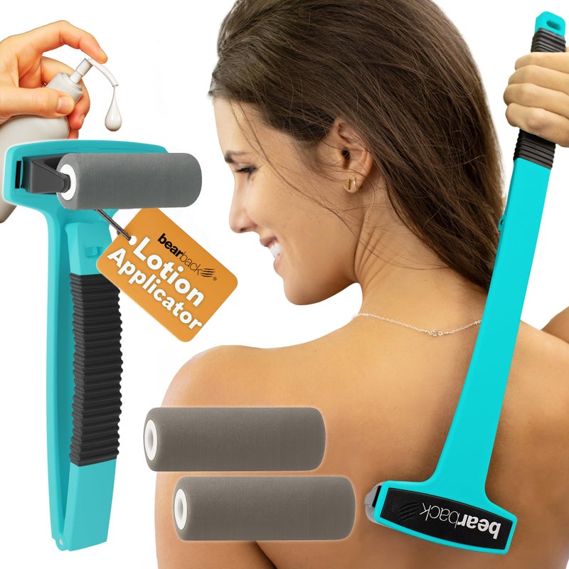 bearback Lotion Applicator for Back Body Long Reach Folding Handle with 2 Reusable Foam Rollers Apply Lotion Medication Ointment Sunscreen Self Tanner American Small Business Teal