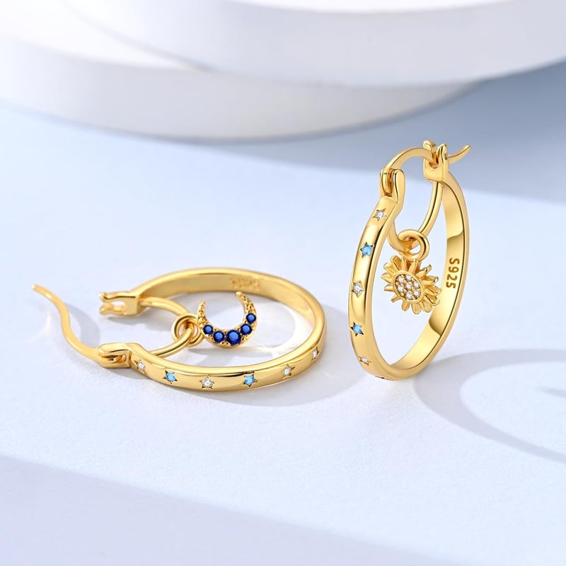 Parmuz Gold Plated Earrings Hoop Earrings Star Moon Cubic Zirconia Thin Round 925 Sterling Silver Hoops for Women - Image 4