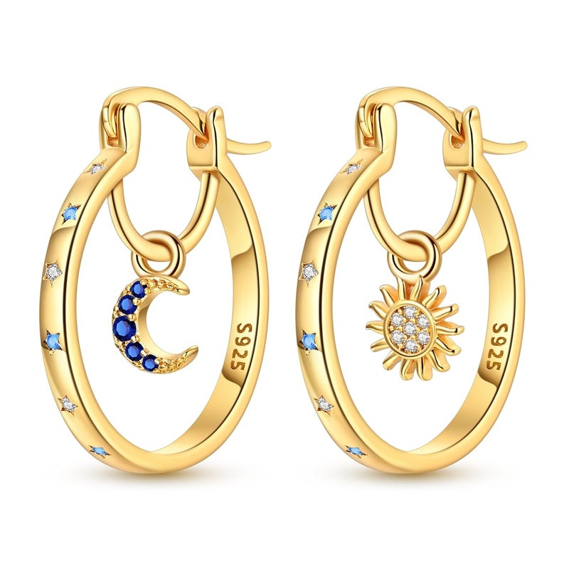 Parmuz Gold Plated Earrings Hoop Earrings Star Moon Cubic Zirconia Thin Round 925 Sterling Silver Hoops for Women - Image 1