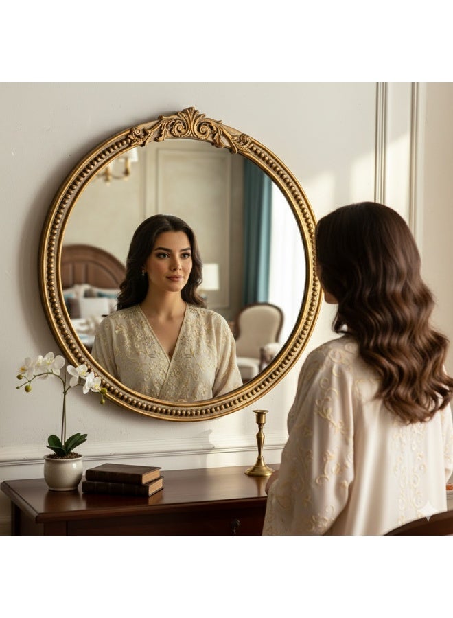 60X60CM LUXURIOUS GOLD ROUND WALL-MOUNTED MIRROR, ORNATE CARVED DECORATIVE MIRROR FOR ENTRYWAY, BEDROOM & LIVING ROOM&VANITY,PREMIUM HD HOME DECOR ACCEN