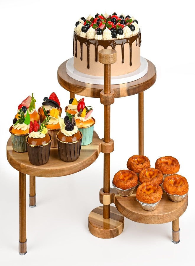 GEHE 3 Tier Round Cupcake Stand, 360° Rotatable Acacia Wood Cake Stand Cupcake Tower, Rustic Wooden Tiered Dessert Table Display Set, Tiered Tray Stands for Birthday, Wedding Party (12-10-8 IN) - Image 1