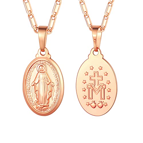 U7 Oval Miraculous Medal Jewelry with 22 Inch Link Chain Rose Gold Plated Virgin Mary Necklace, Gift Box - Image 1